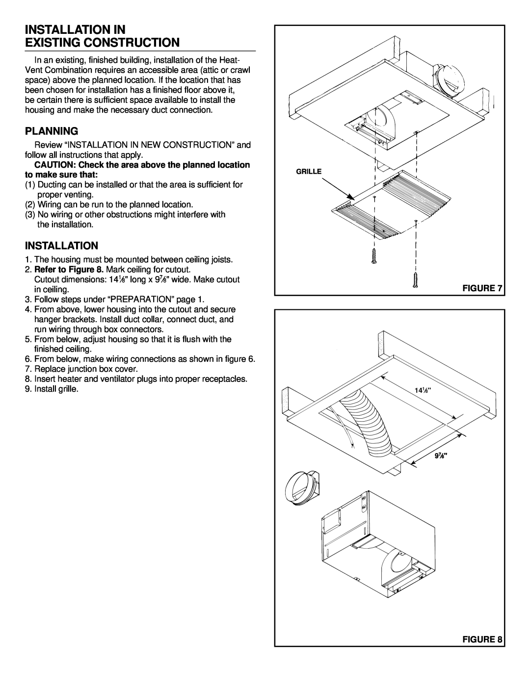 NuTone 9905 installation instructions Installation In Existing Construction, Planning 