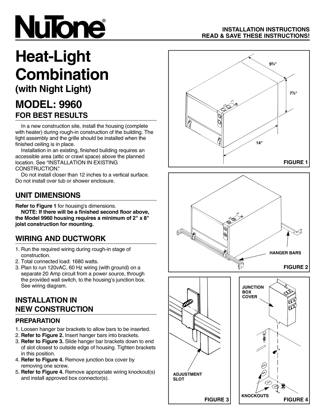 NuTone 9960 installation instructions For Best Results, Unit Dimensions, Wiring and Ductwork, Preparation 