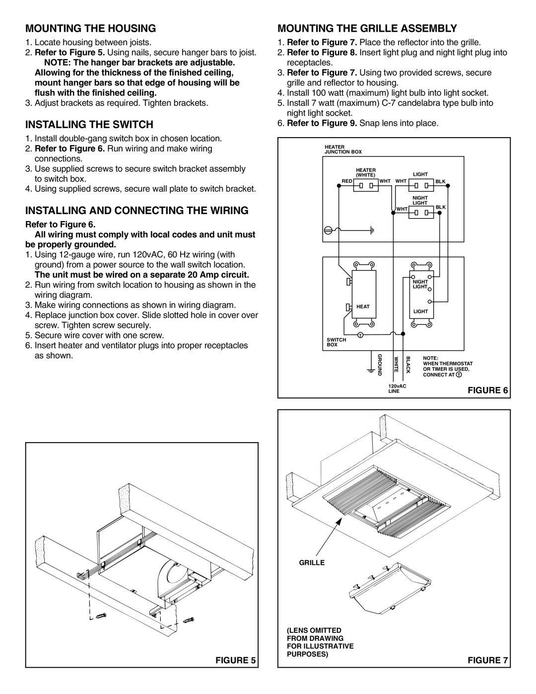 NuTone 9960 installation instructions Mounting the Housing, Installing the Switch, Installing and Connecting the Wiring 