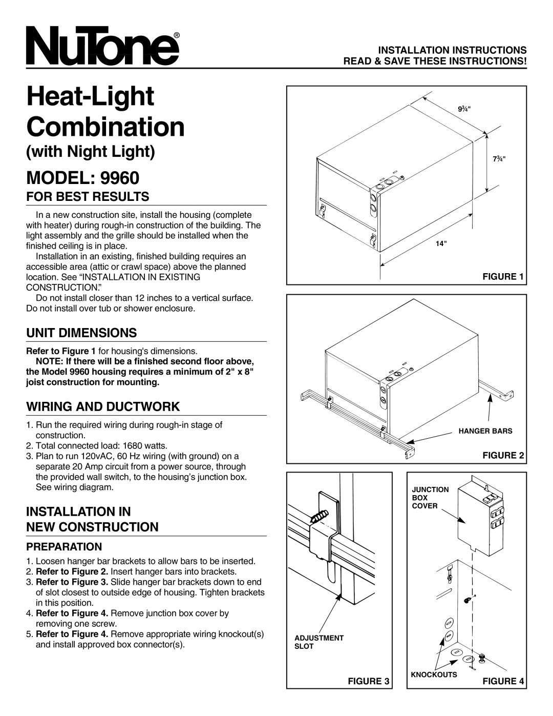 NuTone 9960 installation instructions For Best Results, Unit Dimensions, Wiring And Ductwork, Preparation, Model 