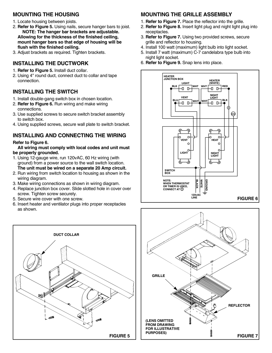 NuTone 9965 Mounting the Housing, Installing the Ductwork, Installing the Switch, Installing and Connecting the Wiring 