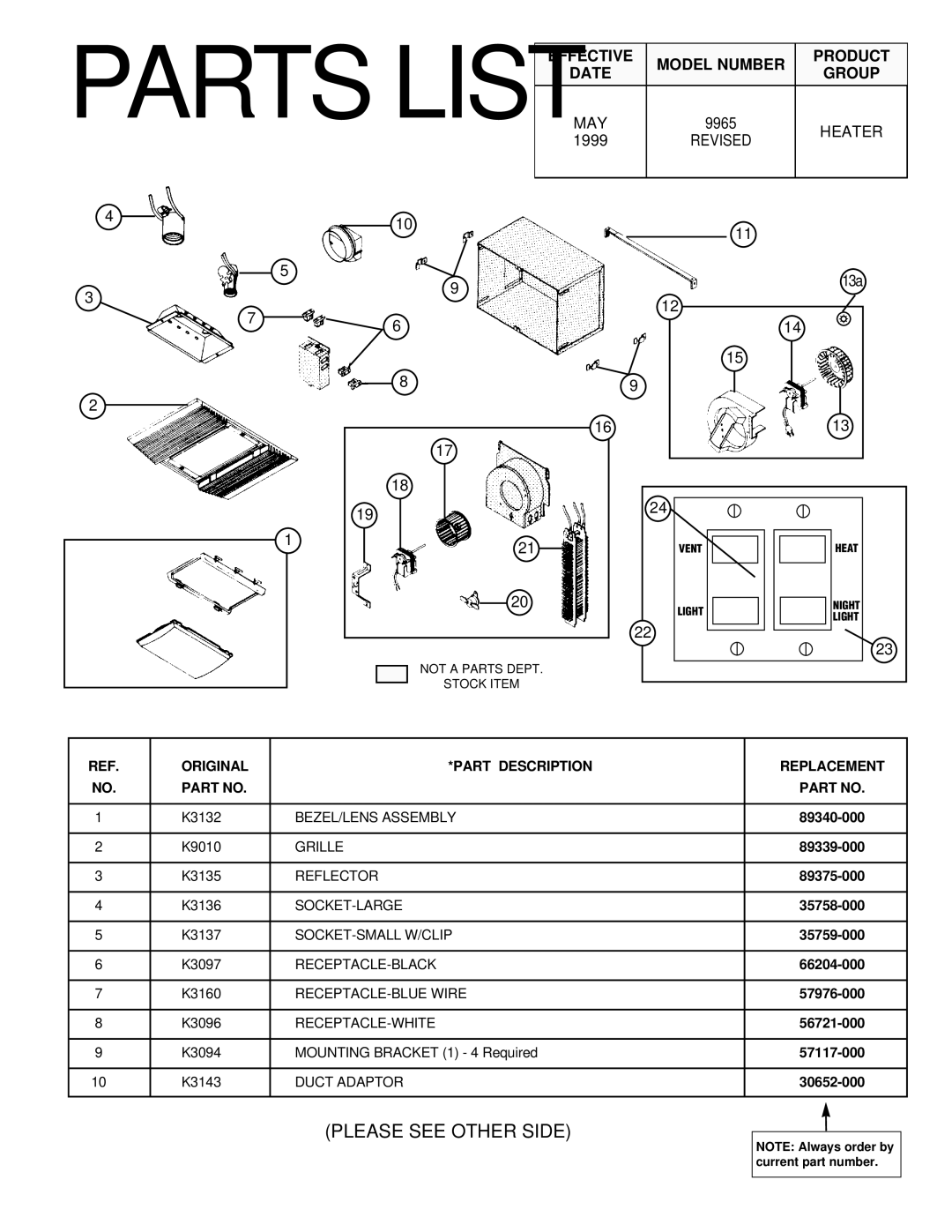 NuTone 9965 installation instructions Parts List, 13a 