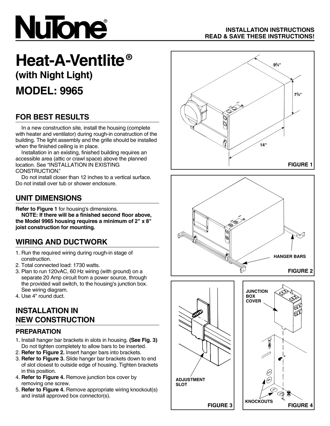 NuTone 9965 installation instructions For Best Results, Unit Dimensions, Wiring And Ductwork, Preparation, Heat-A-Ventlite 