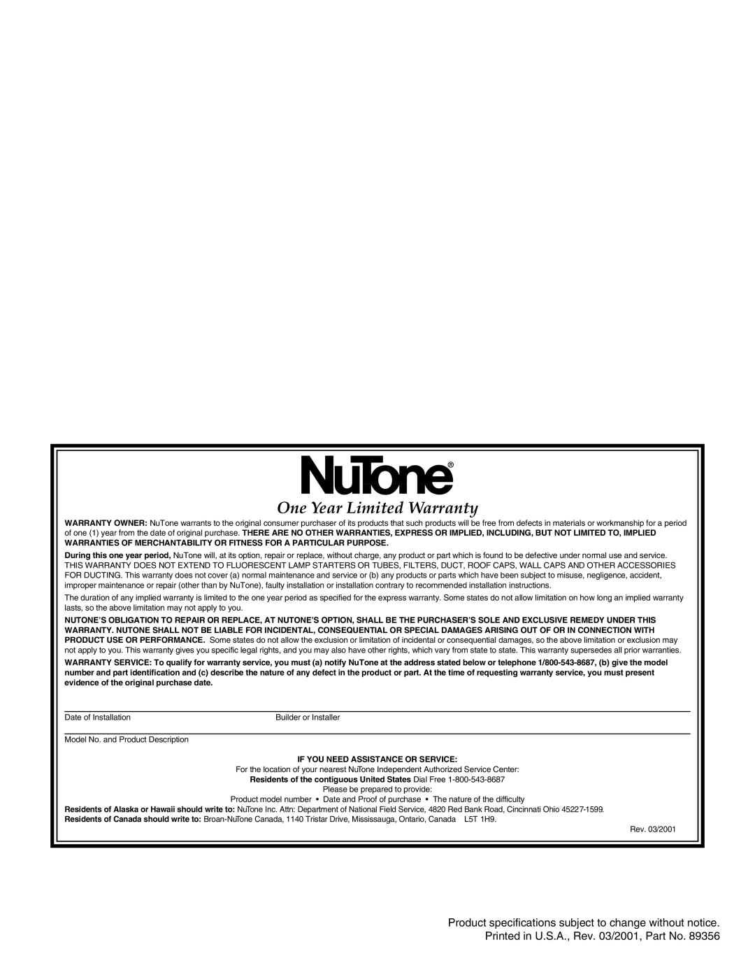 NuTone 9965 installation instructions One Year Limited Warranty 