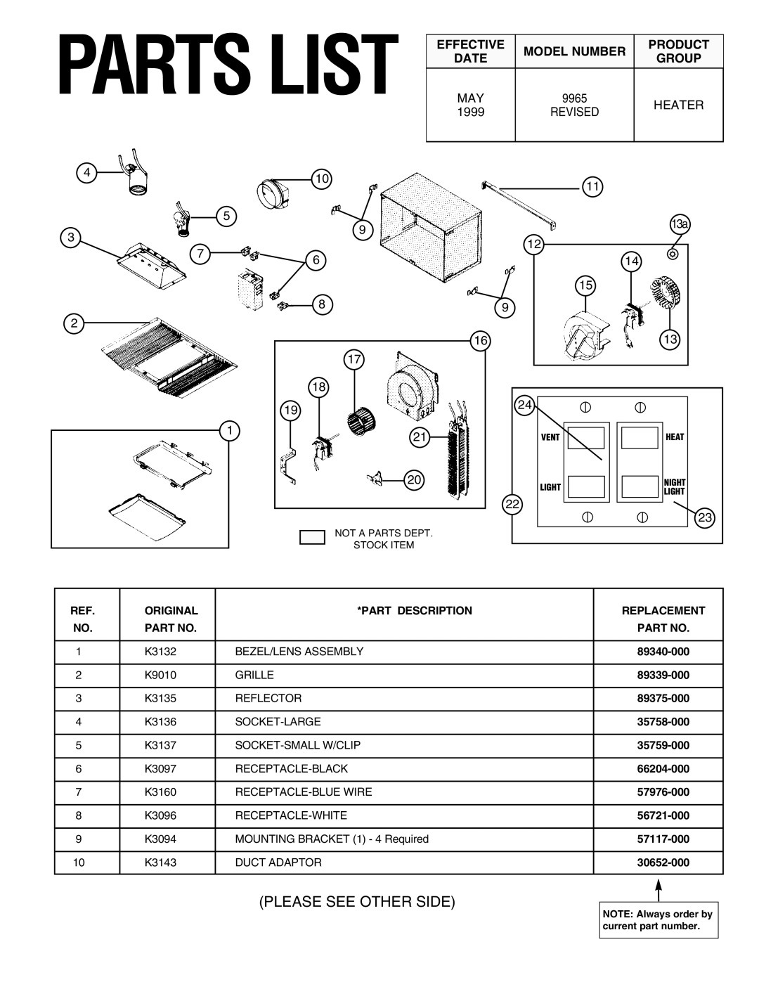 NuTone 9965 installation instructions Heater, Product, Date, Group, Parts List, Please See Other Side 