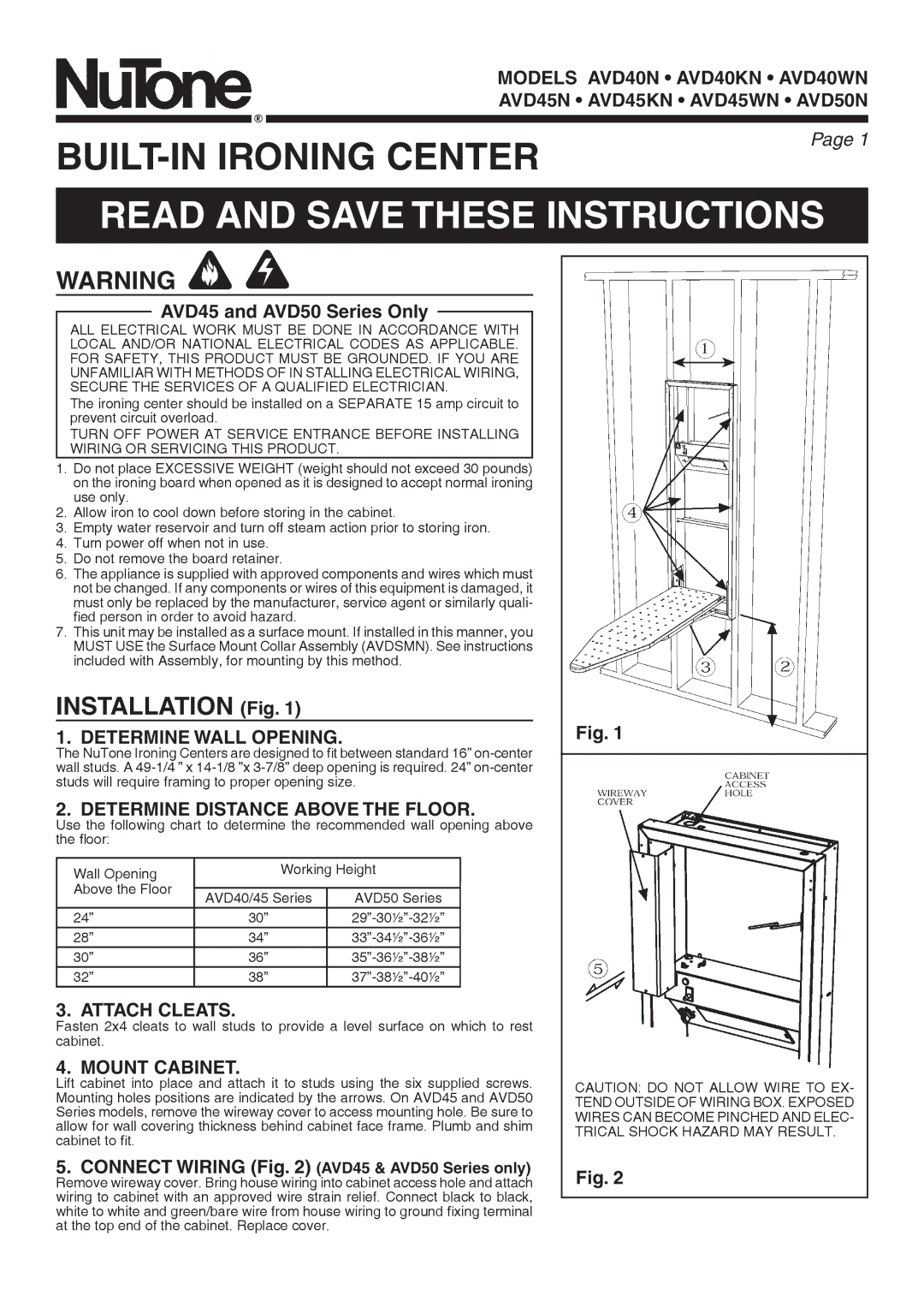 NuTone AVD50N manual Read and Save These Instructions, Installation Fig 