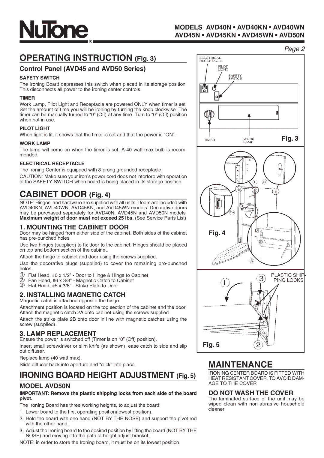 NuTone AVD50N manual Operating Instruction Fig, Cabinet Door Fig, Maintenance 