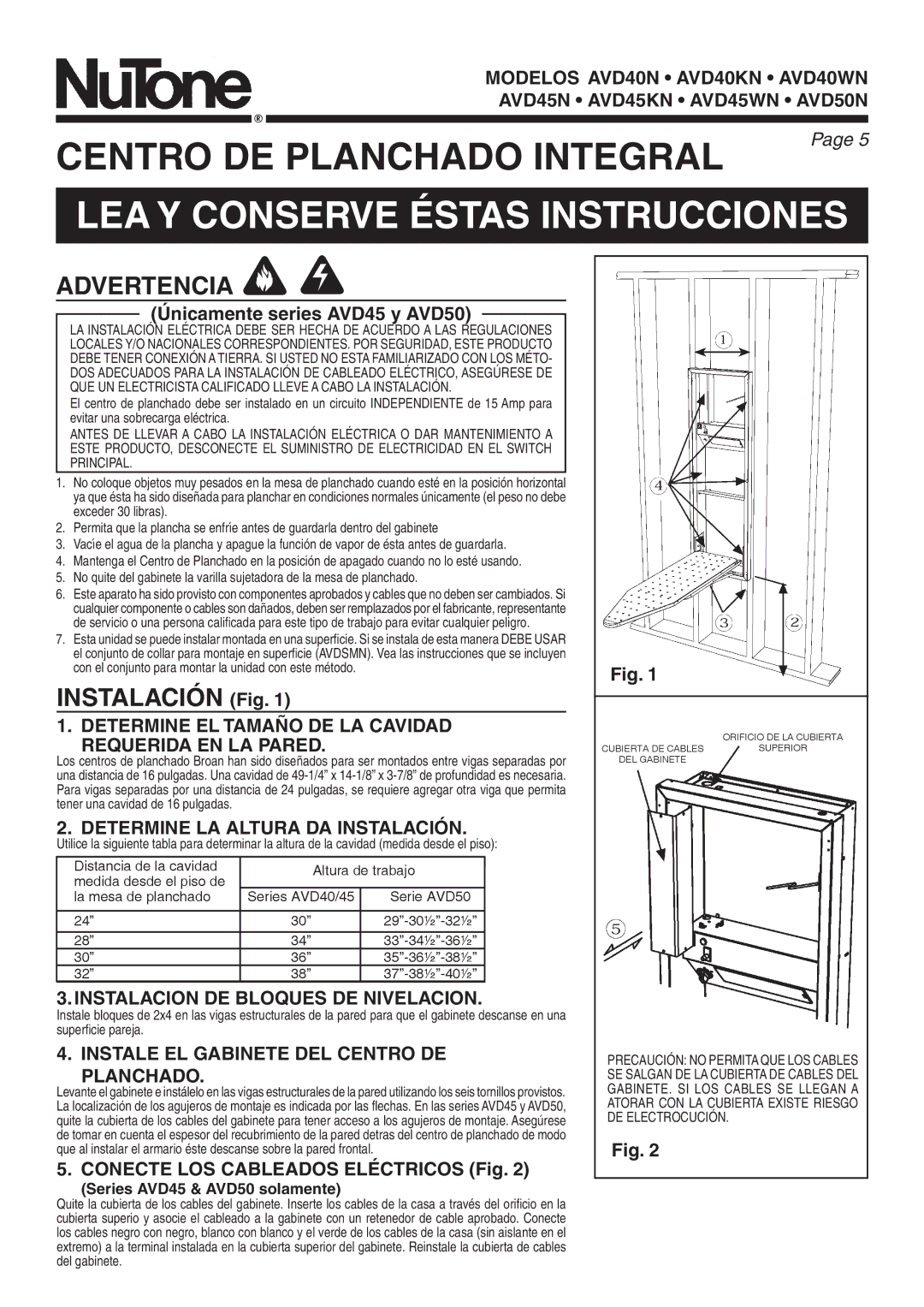 NuTone AVD50N manual LEA Y Conserve Éstas Instrucciones, Advertencia, Instalación Fig 