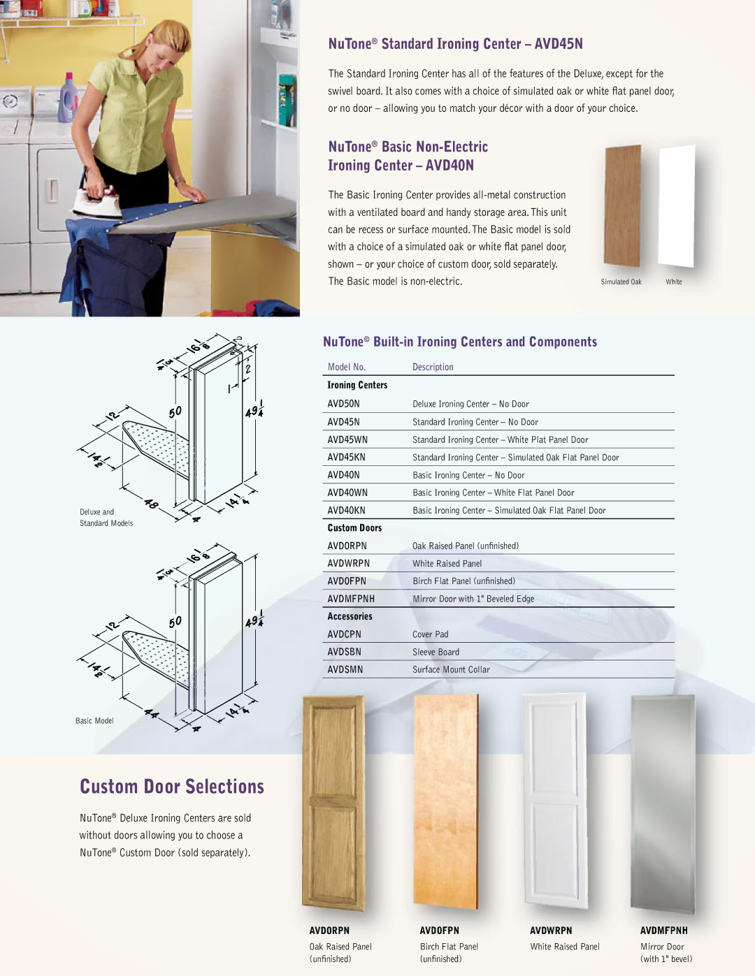 NuTone AVD45WN, AVDOFPN, AVDORPN NuTone Standard Ironing Center AVD45N, NuTone Basic Non-Electric Ironing Center AVD40N 