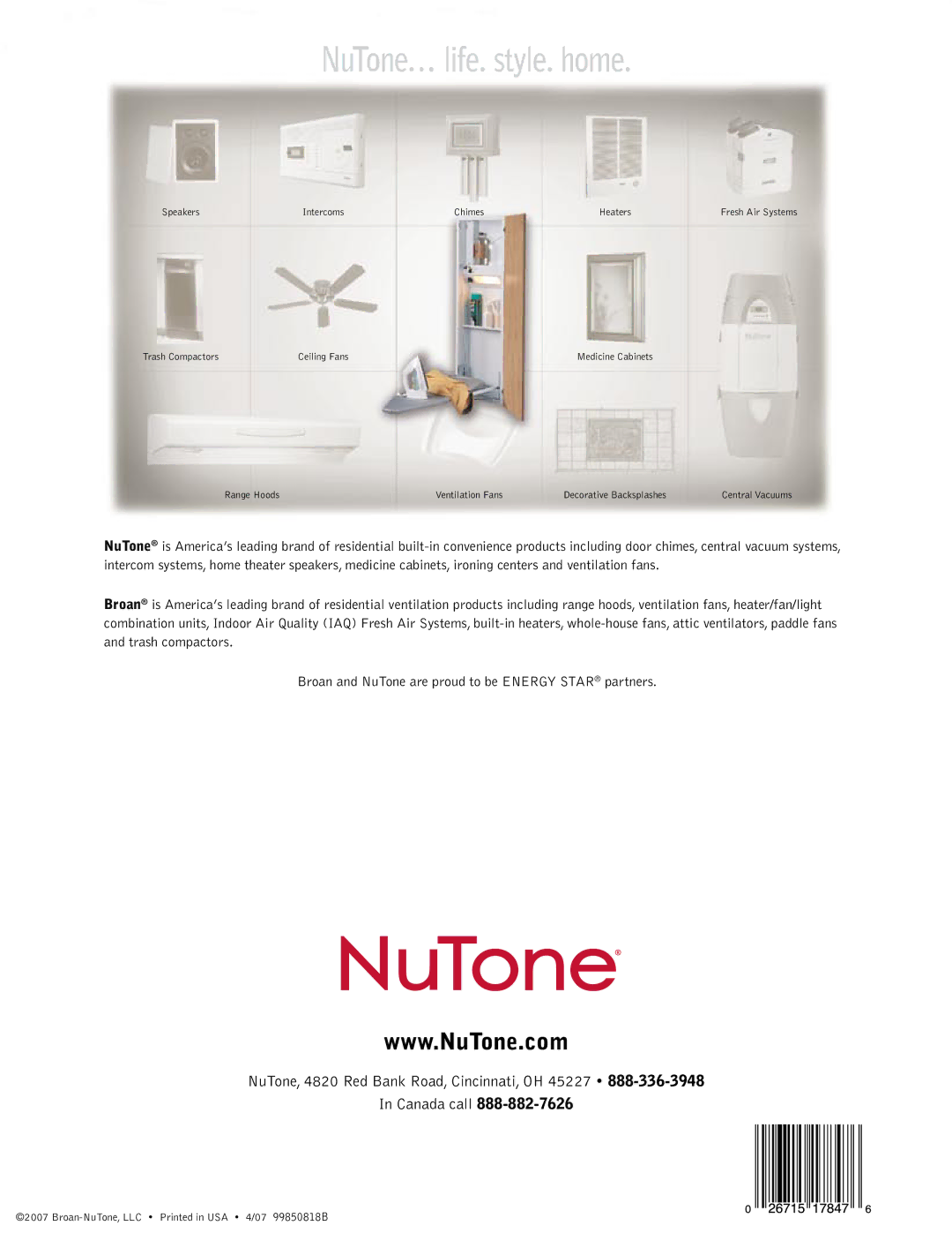 NuTone AVD45KN, AVDOFPN, AVDORPN, AVDWRPN, AVD45WN, AVD40WN, AVD40N, AVD40KN, AVD45N manual NuTone… life. style. home 