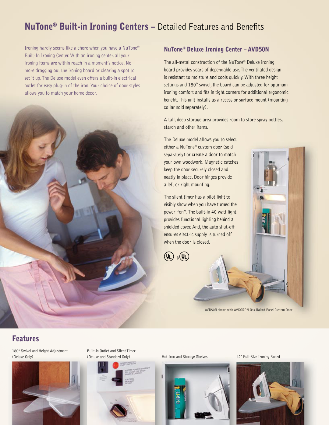 NuTone AVDWRPN NuTone Deluxe Ironing Center - AVD50N, NuTone Built-in Ironing Centers - Detailed Features and Beneﬁts 