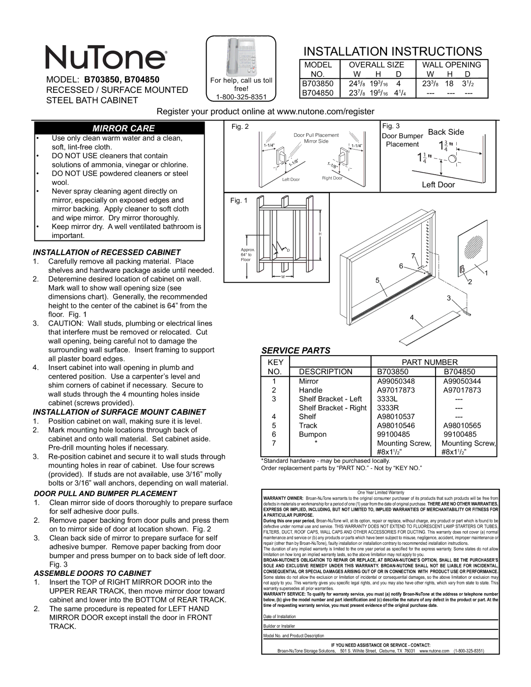 NuTone B703850, B704850 installation instructions Installation of Recessed Cabinet, Installation of Surface Mount Cabinet 