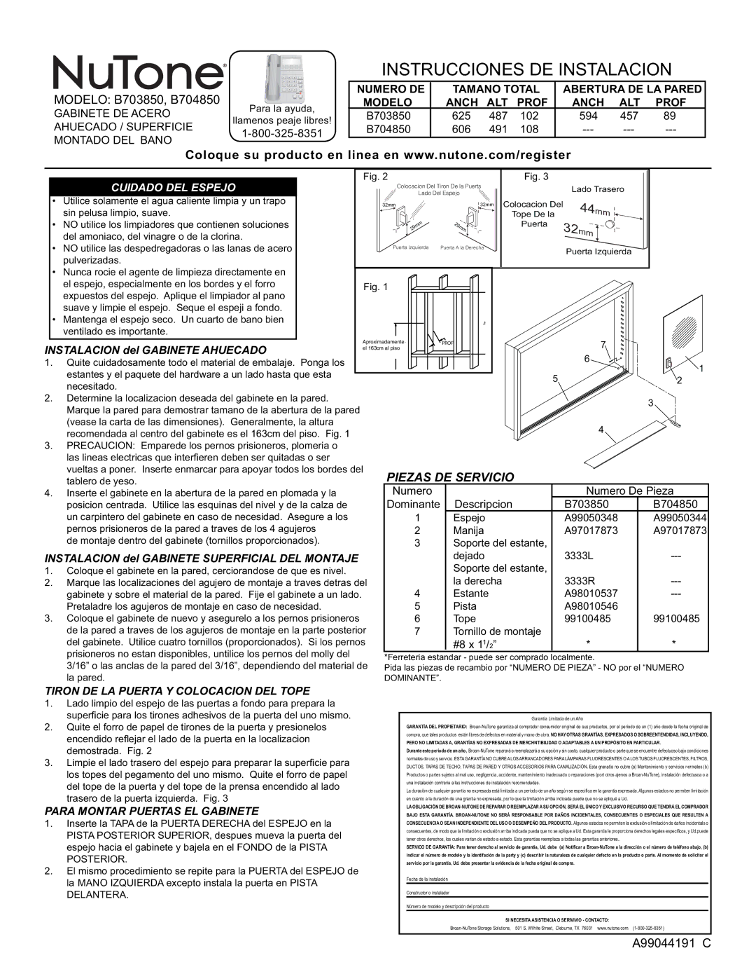 NuTone Instalacion del Gabinete Ahuecado, Numero Numero De Pieza, Dominante Descripcion B703850 B704850, #8 x 11/2 