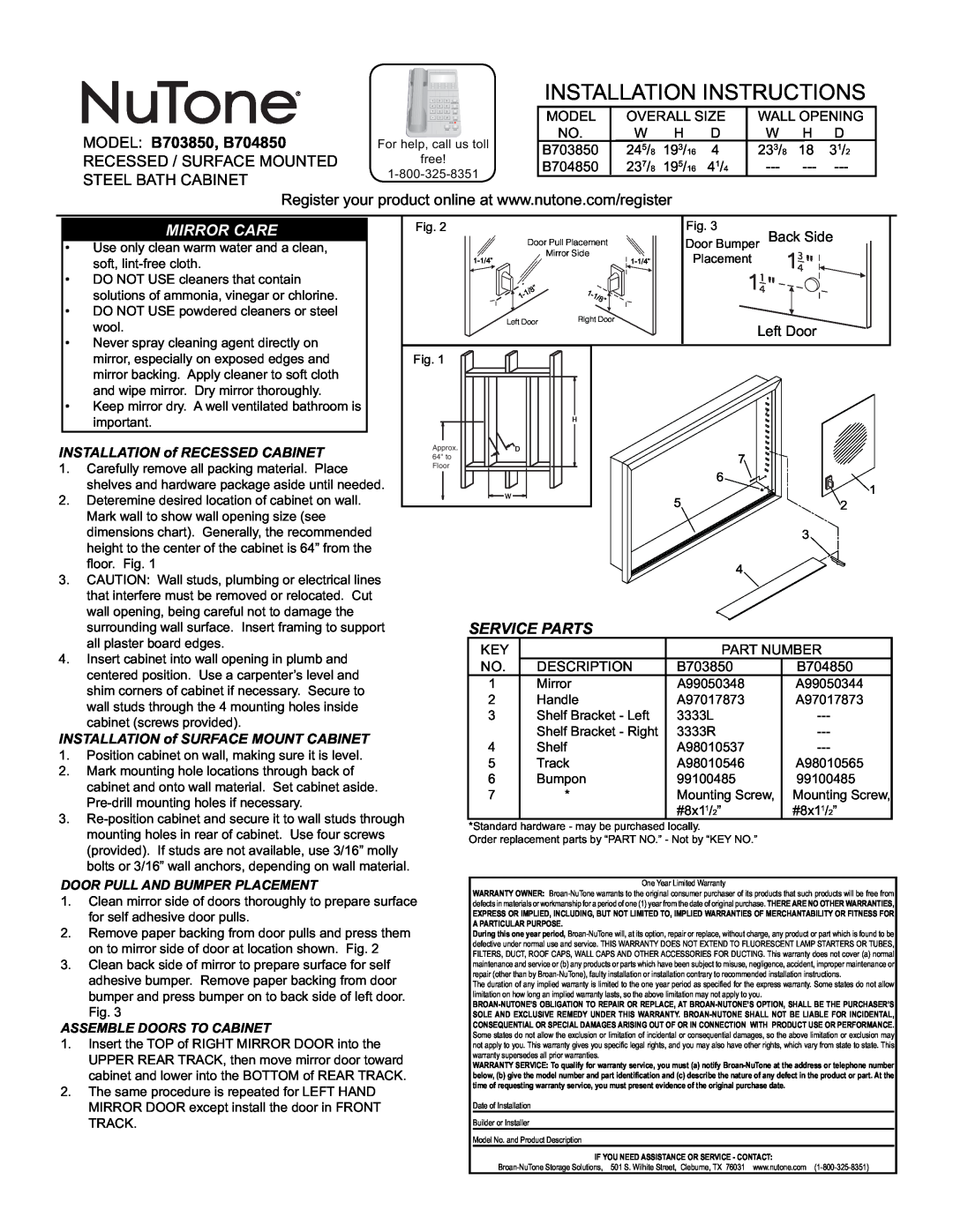 NuTone B703850 installation instructions Installation Instructions, Service Parts, INSTALLATION of RECESSED CABINET 