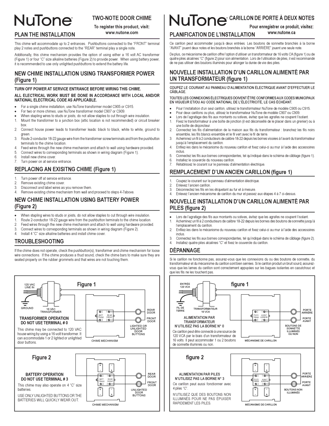 NuTone C909 manual Plan the Installation, Troubleshooting, Carillon DE Porte À Deux Notes, Planification DE L’INSTALLATION 