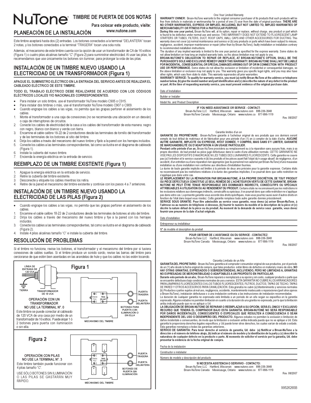 NuTone C905 Timbre DE Puerta DE DOS Notas, Reemplazo DE UN Timbre Existente Figura, Resolución DE Problemas, Transformador 