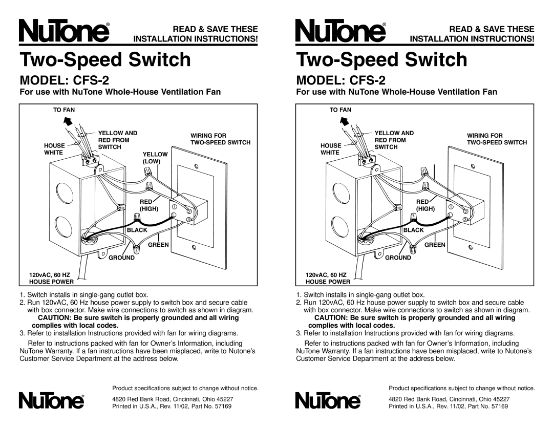 NuTone installation instructions Two-Speed Switch, Model CFS-2, For use with NuTone Whole-House Ventilation Fan 