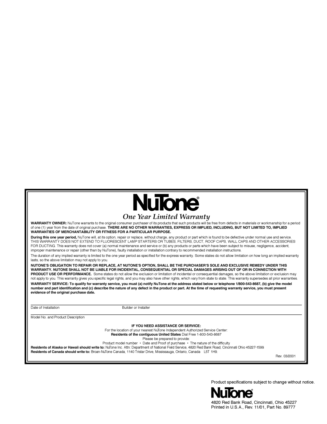 NuTone CFS-2WH installation instructions One Year Limited Warranty, Red Bank Road, Cincinnati, Ohio 
