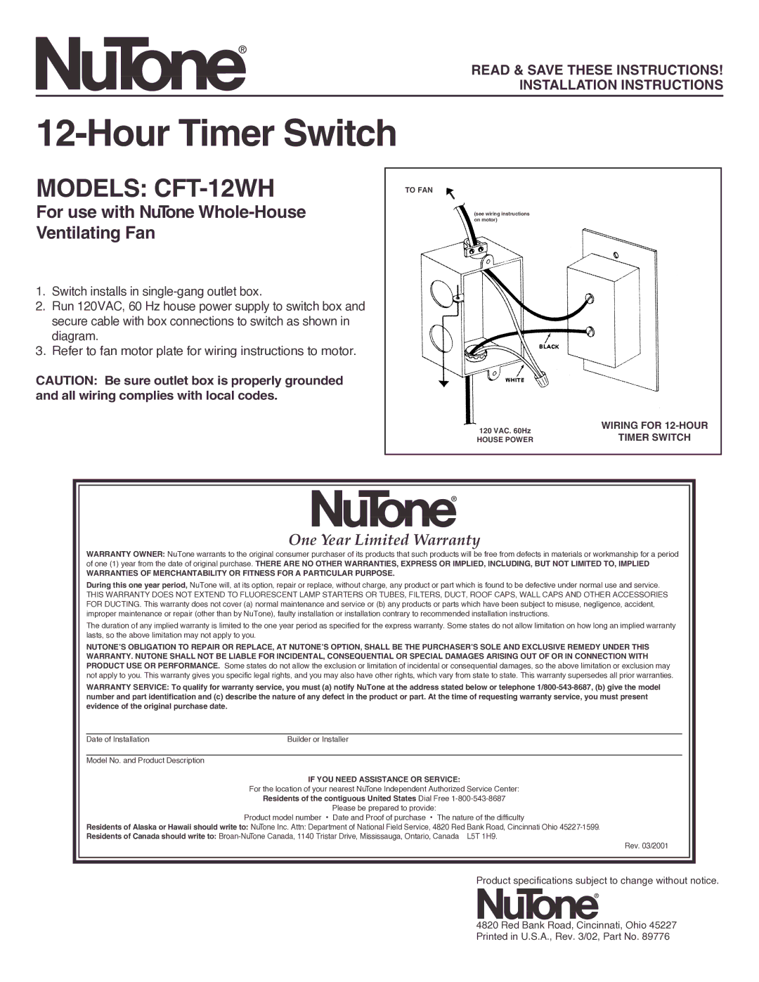 NuTone warranty Hour Timer Switch, Models CFT-12WH, For use with NuTone Whole-House Ventilating Fan 