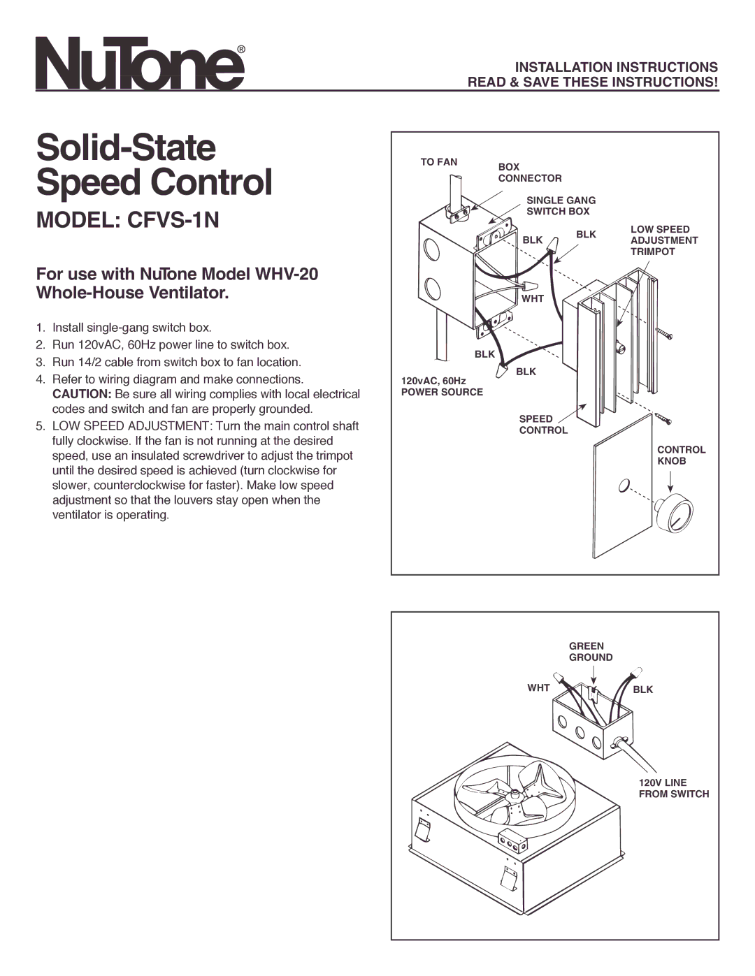 NuTone installation instructions Solid-State Speed Control, Model CFVS-1N 