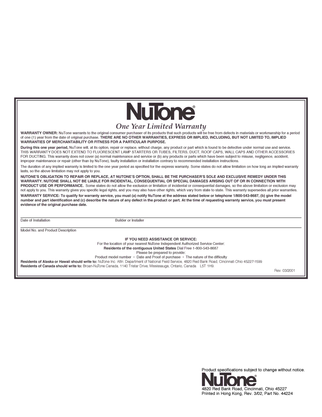 NuTone CFVS-1N installation instructions One Year Limited Warranty, If YOU Need Assistance or Service 