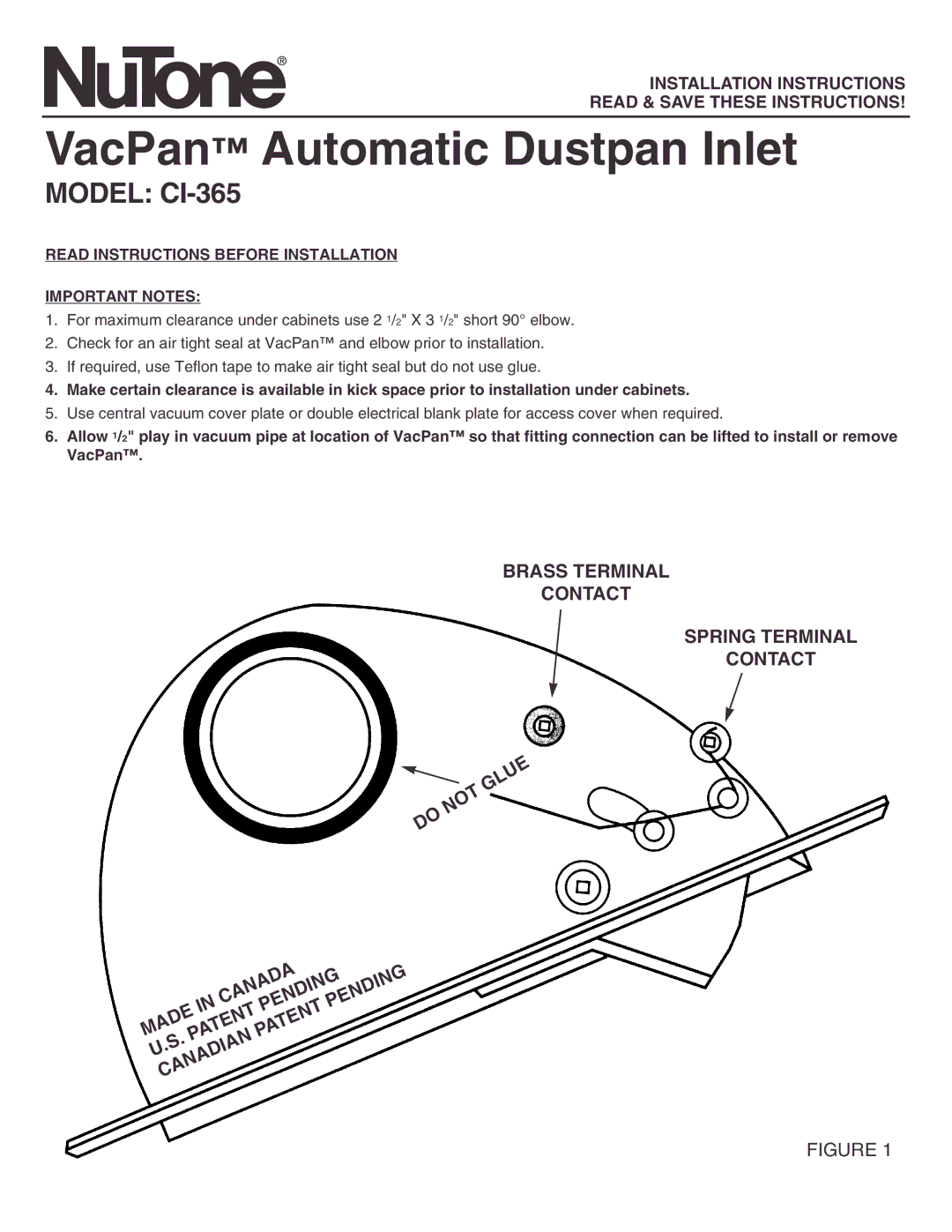 NuTone CI-365 installation instructions VacPan Automatic Dustpan Inlet 