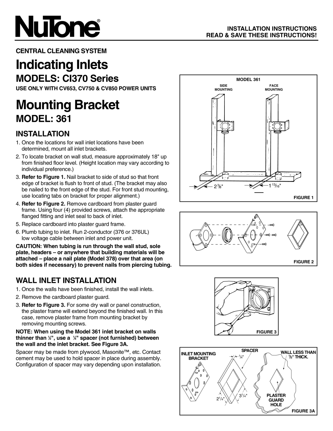 NuTone CI370 installation instructions Wall Inlet Installation 