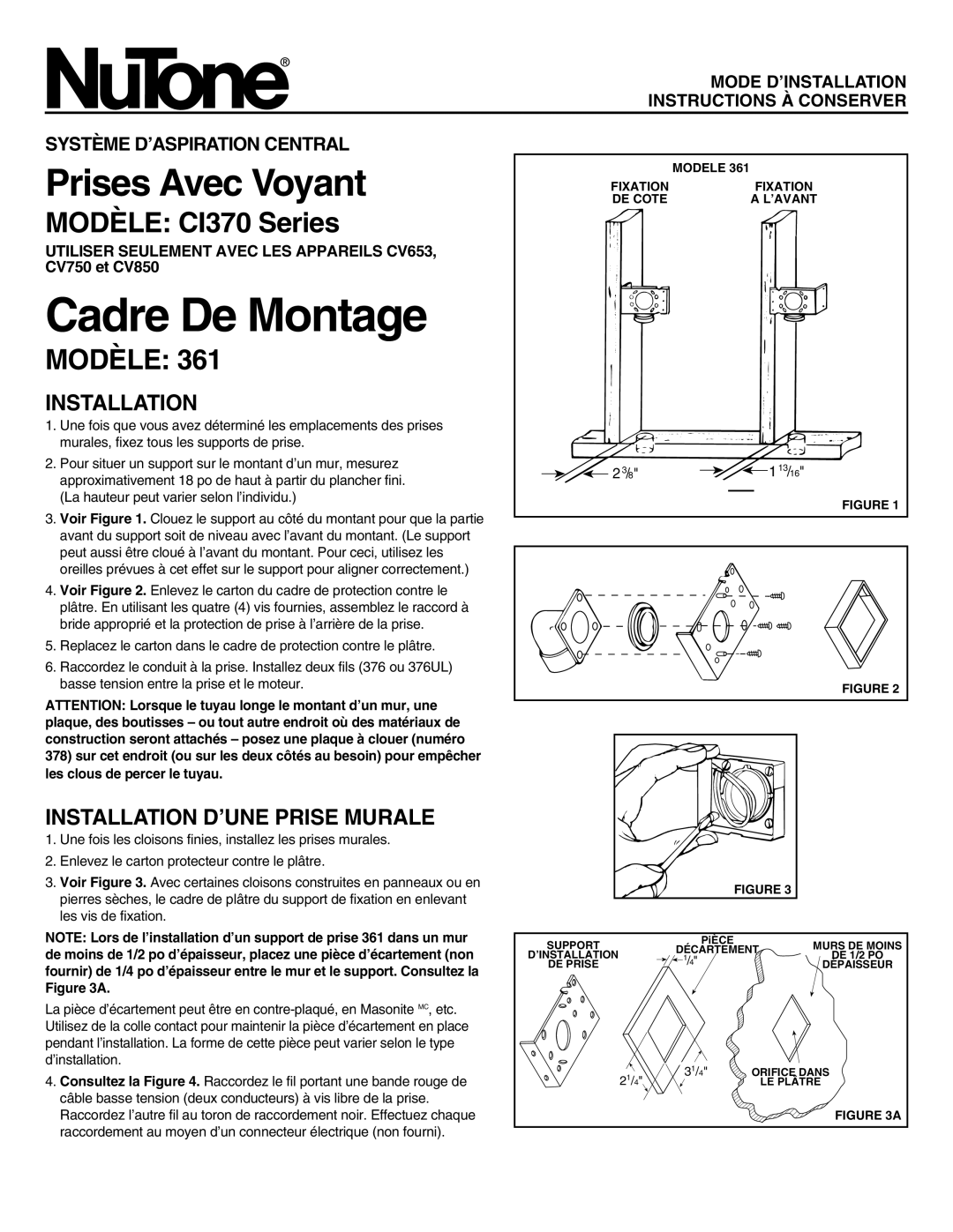 NuTone CI370 installation instructions Cadre De Montage, Installation D’UNE Prise Murale 