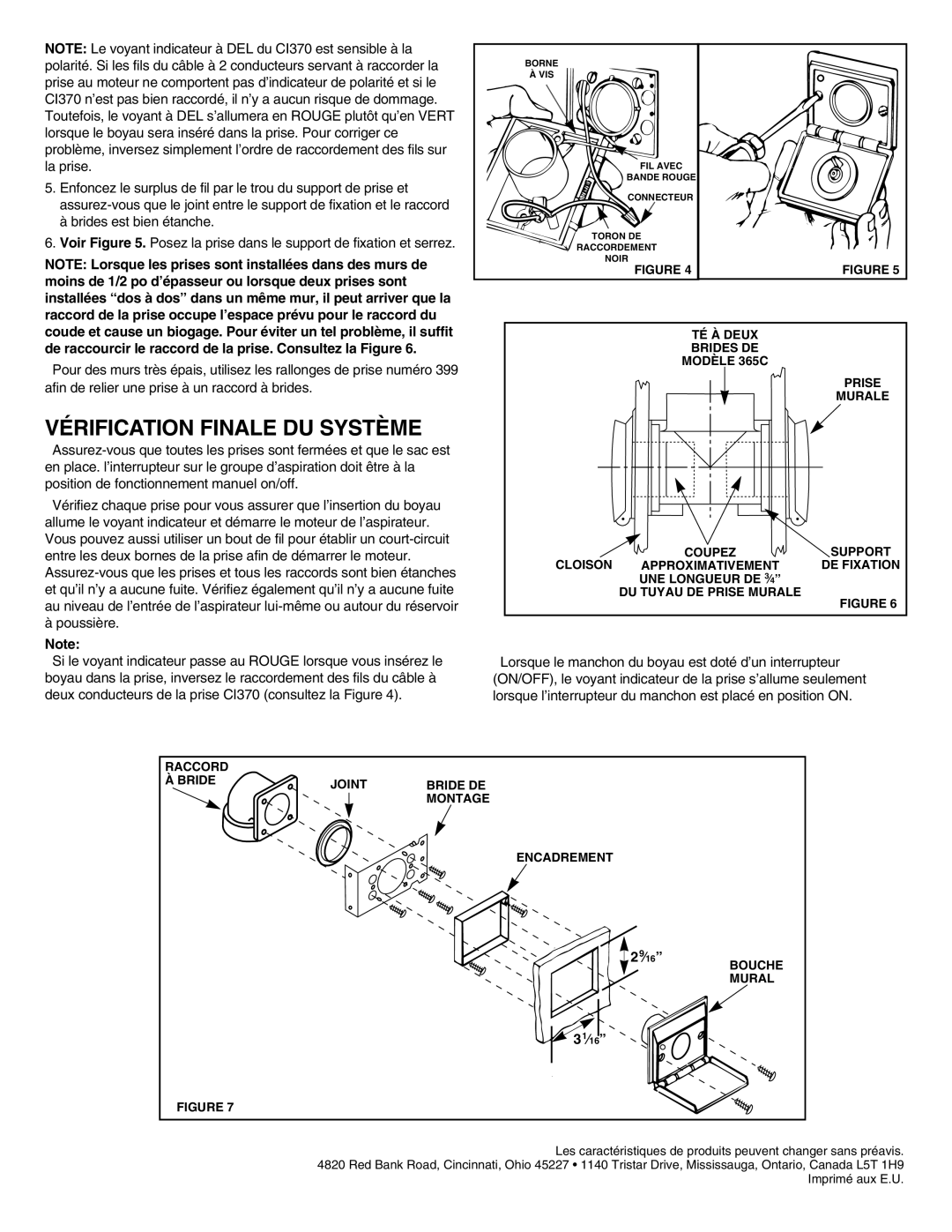 NuTone CI370 installation instructions Vérification Finale DU Système, 31⁄16 