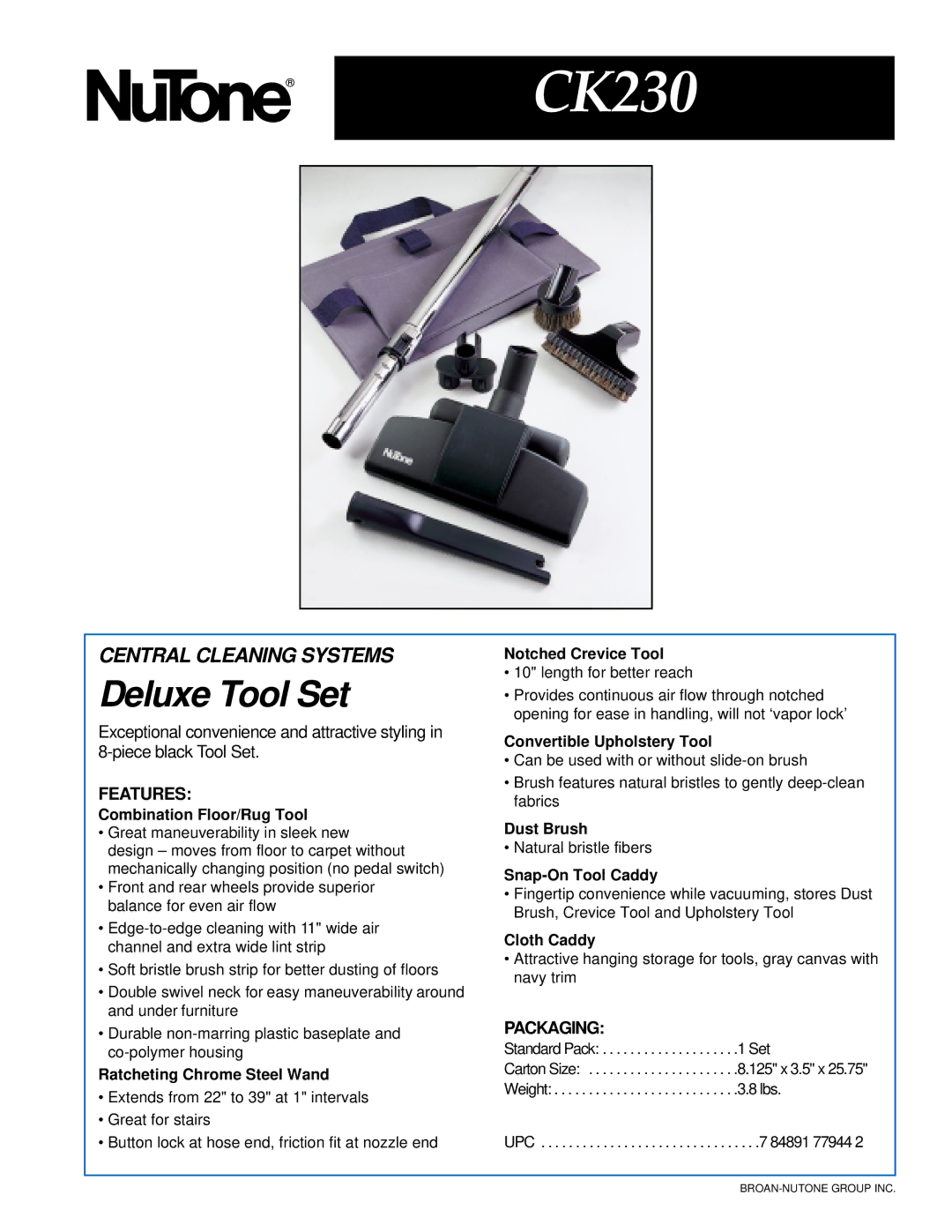 NuTone CK230 manual Deluxe Tool Set, Features, Packaging 