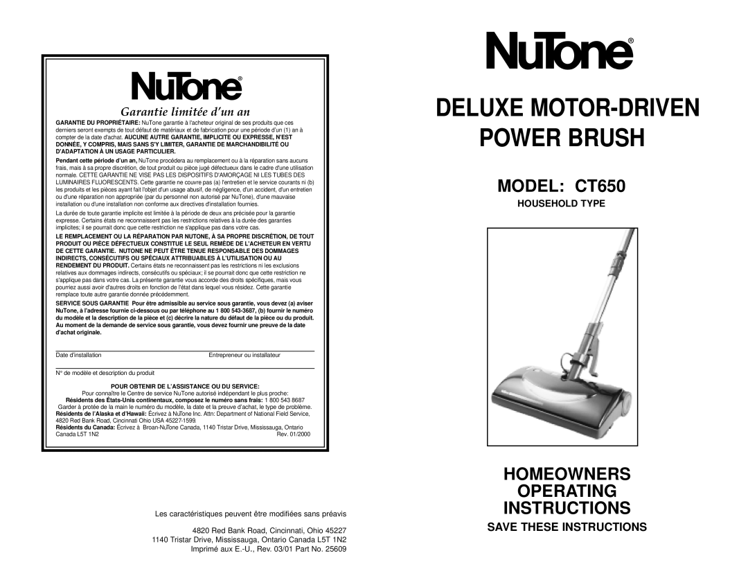 NuTone CT650 operating instructions Deluxe MOTOR-DRIVEN Power Brush 