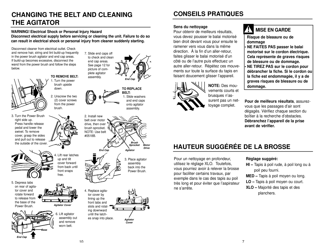 NuTone CT650 Changing the Belt and Cleaning the Agitator, Conseils Pratiques, Hauteur Suggérée DE LA Brosse 