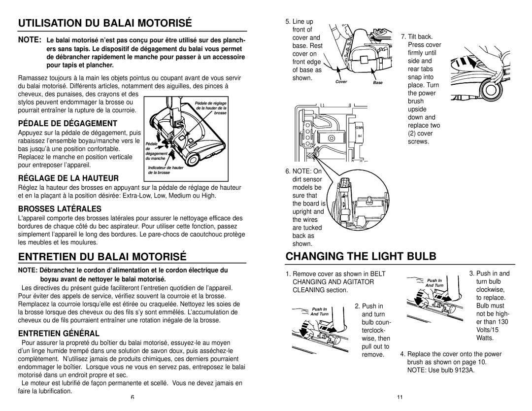 NuTone CT650 Changing the Light Bulb, Utilisation DU Balai Motorisé, Entretien DU Balai Motorisé, Brosses Latérales 