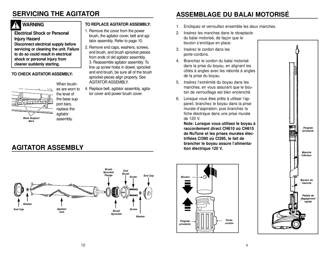 NuTone CT650 operating instructions Servicing the Agitator, Assemblage DU Balai Motorisé, To Check Agitator Assembly 