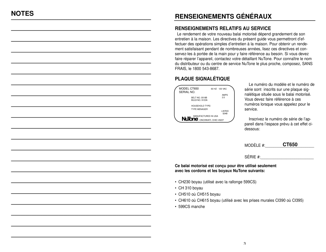 NuTone CT650 operating instructions Renseignements Généraux, Renseignements Relatifs AU Service, Plaque Signalétique 