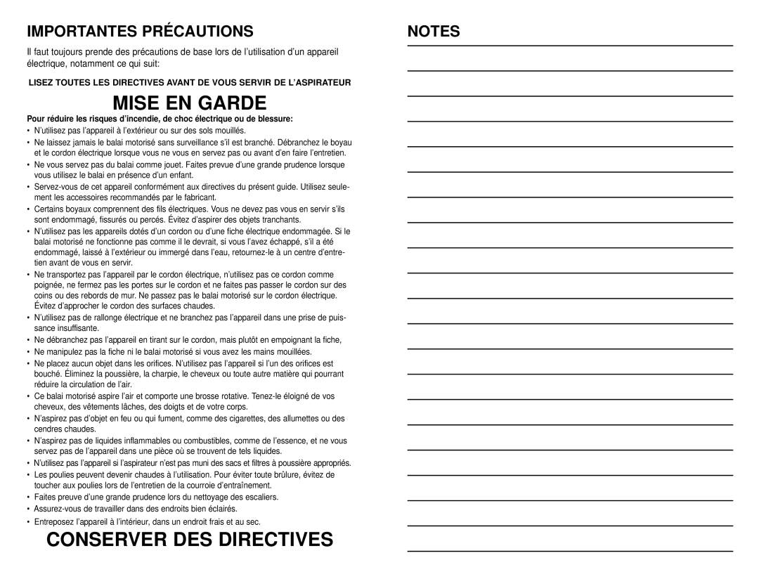 NuTone CT650 operating instructions Mise EN Garde, Importantes Précautions 