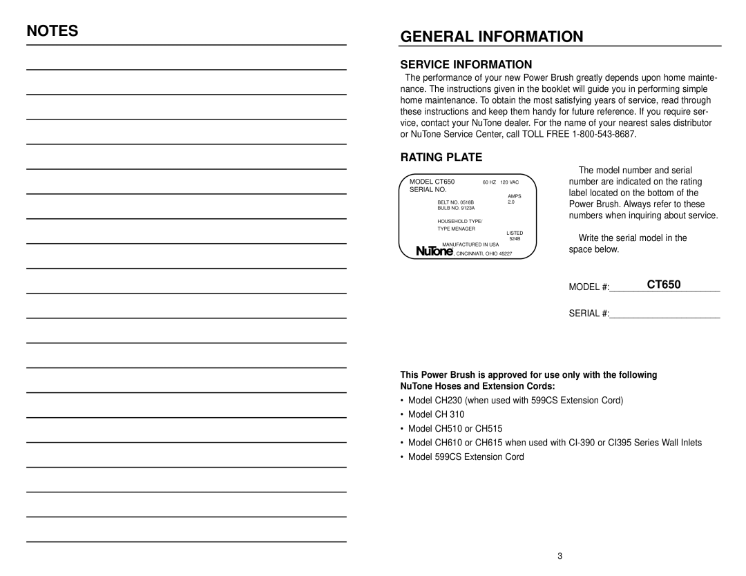 NuTone CT650 operating instructions General Information, Service Information 