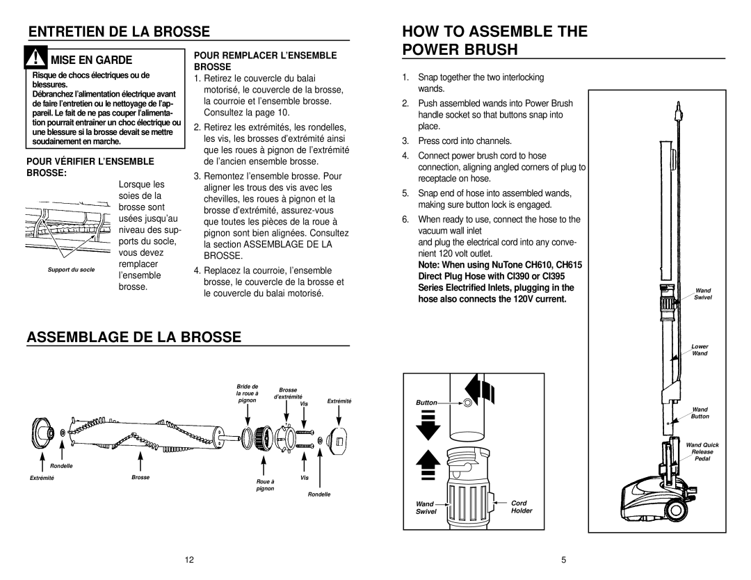 NuTone CT650 operating instructions HOW to Assemble, Power Brush, Assemblage DE LA Brosse, Mise EN Garde 