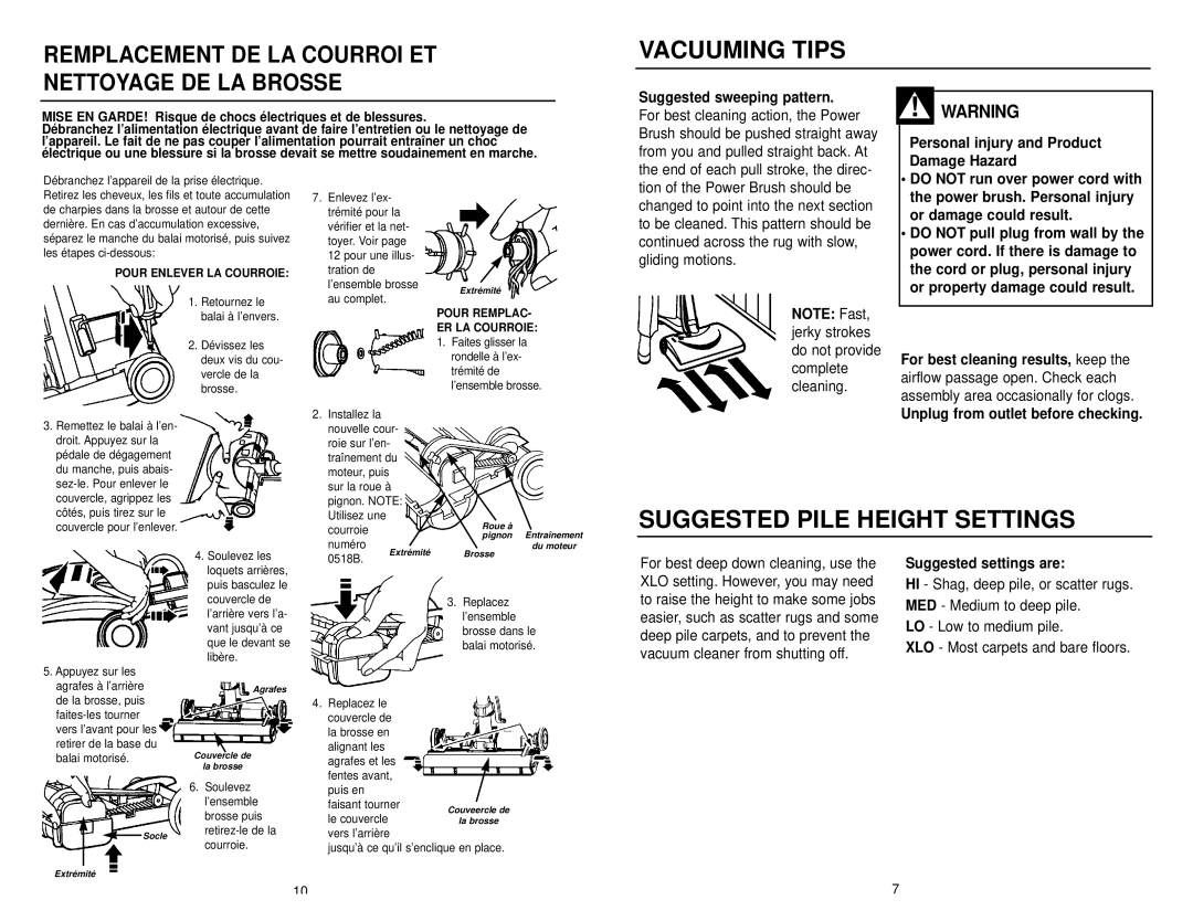 NuTone CT650 operating instructions Vacuuming Tips, Suggested Pile Height Settings 