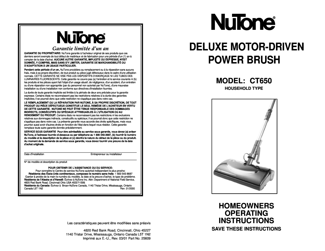 NuTone operating instructions MODEL CT650, Homeowners Operating Instructions, Garantie limitée d’un an, Household Type 