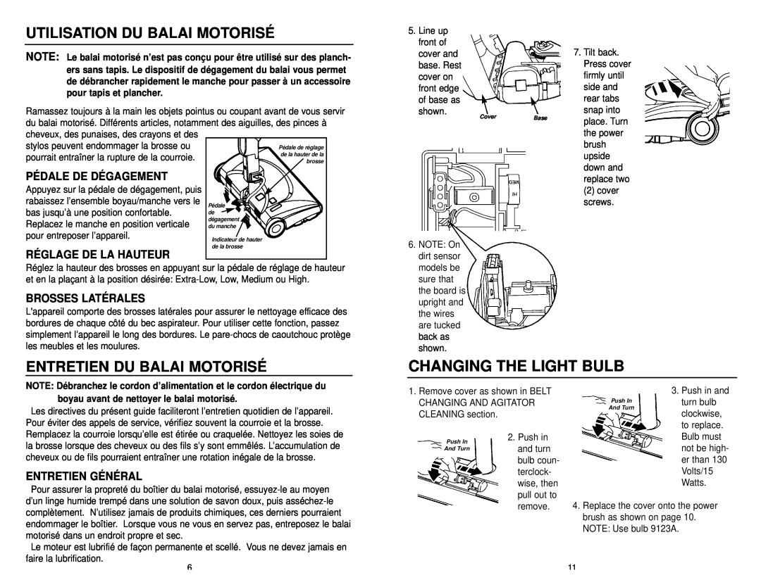 NuTone CT650 Changing The Light Bulb, Utilisation Du Balai Motorisé, Entretien Du Balai Motorisé, Entretien Général 