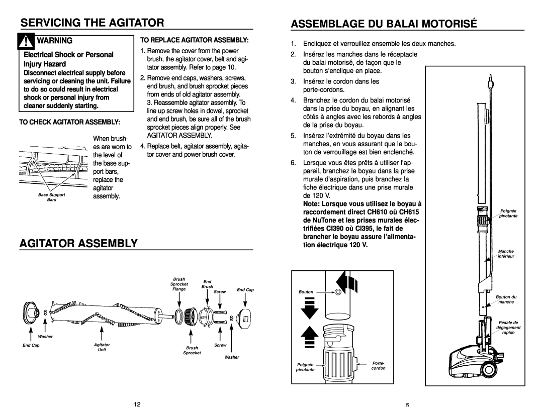 NuTone CT650 Servicing The Agitator, Assemblage Du Balai Motorisé, To Check Agitator Assembly, tion électrique 