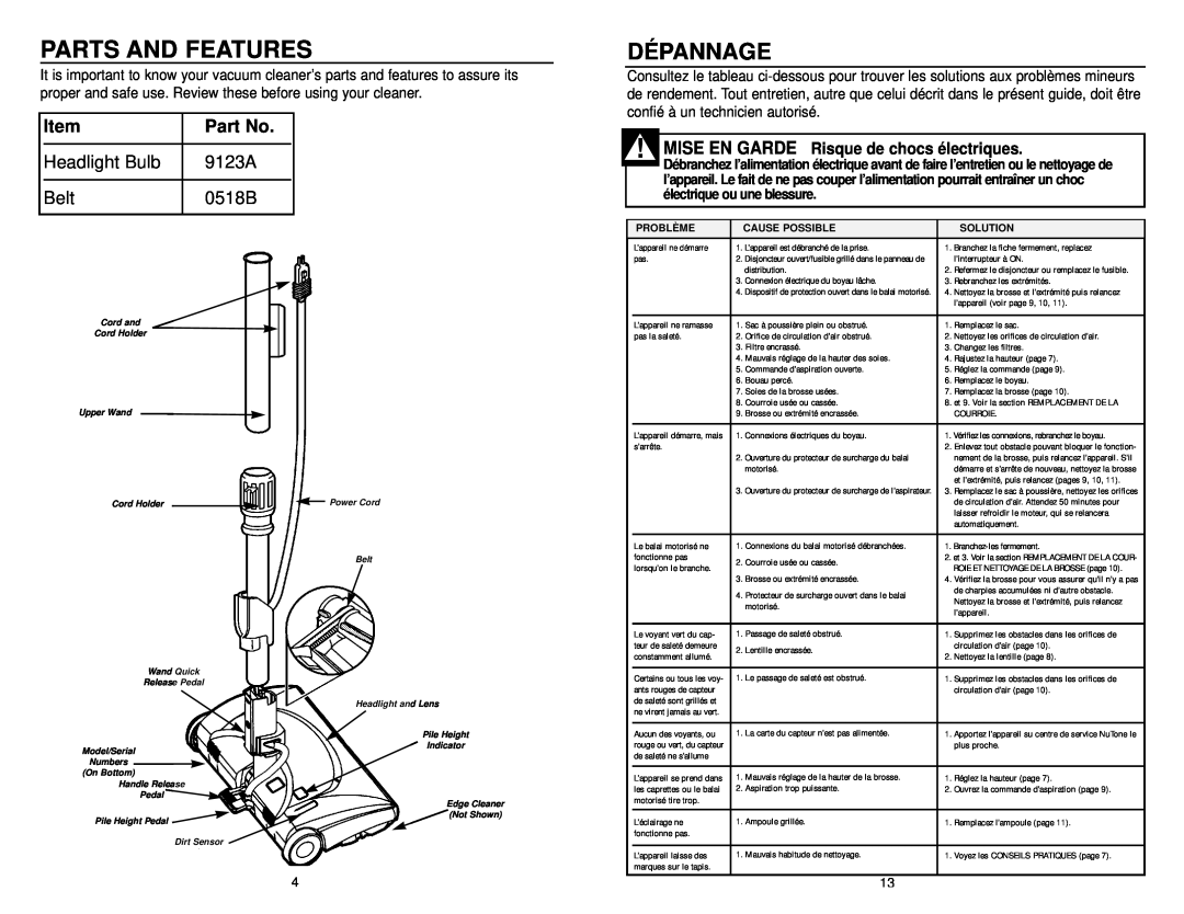 NuTone CT650 Parts And Features, Dépannage, Headlight Bulb, 9123A, Belt, 0518B, MISE EN GARDE Risque de chocs électriques 