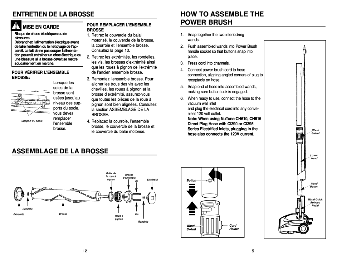 NuTone CT650 How To Assemble The, Power Brush, Assemblage De La Brosse, Entretien De La Brosse, Mise En Garde 