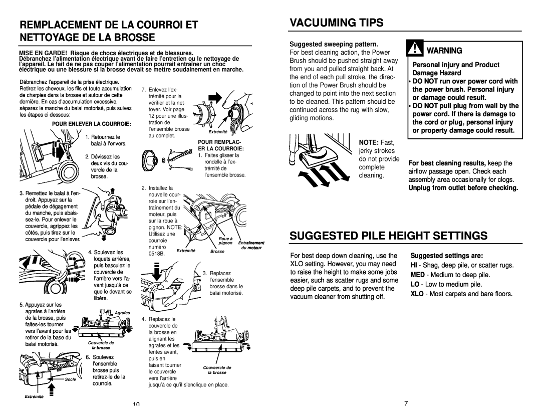 NuTone CT650 Vacuuming Tips, Suggested Pile Height Settings, Remplacement De La Courroi Et, Nettoyage De La Brosse 