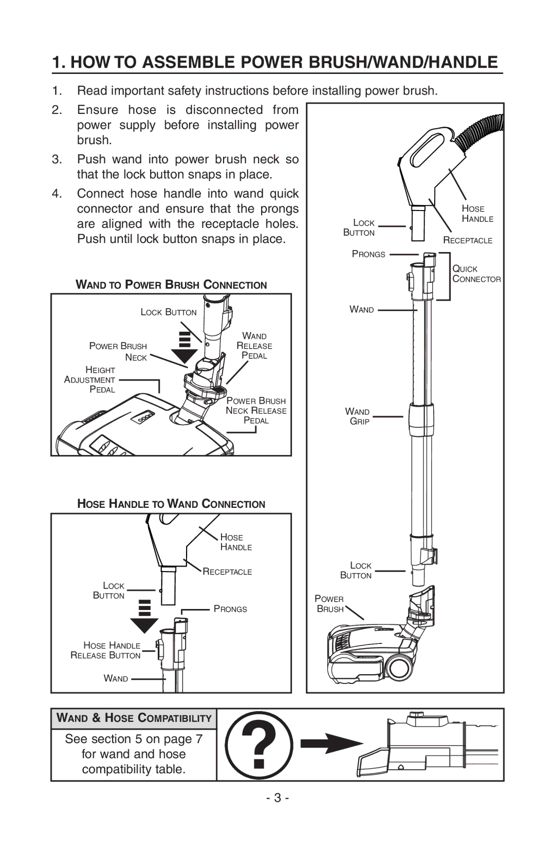 NuTone AB0008, CT700 manual HOW to Assemble Power BRUSH/WAND/HANDLE, Wand to Power Brush Connection 