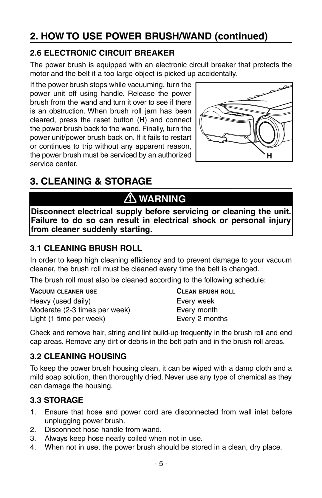 NuTone AB0008, CT700 manual Cleaning & Storage, Electronic Circuit Breaker, Cleaning Brush Roll, Cleaning Housing 