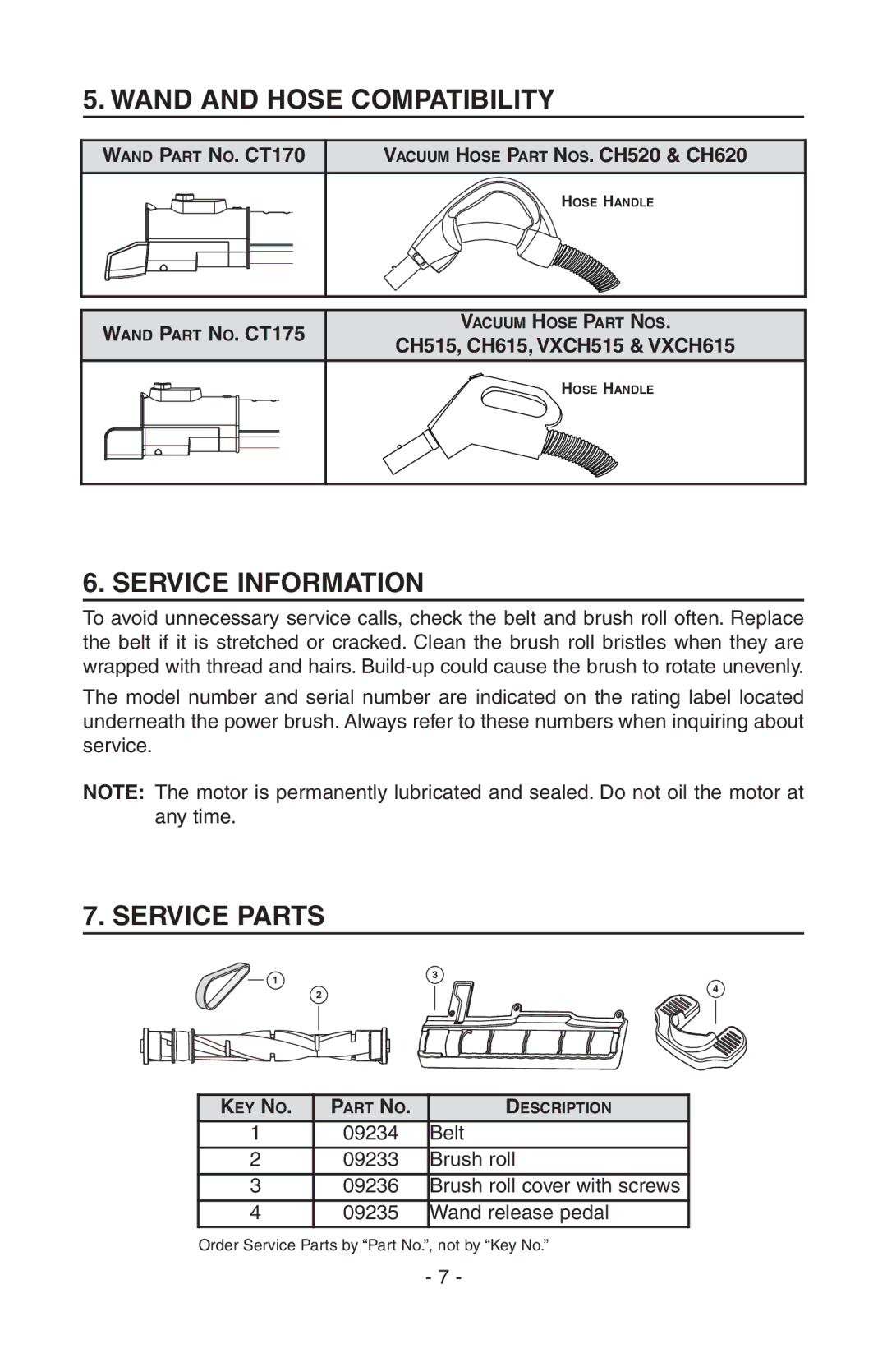 NuTone AB0008, CT700 manual Wand and Hose Compatibility, Service Information, Service Parts 