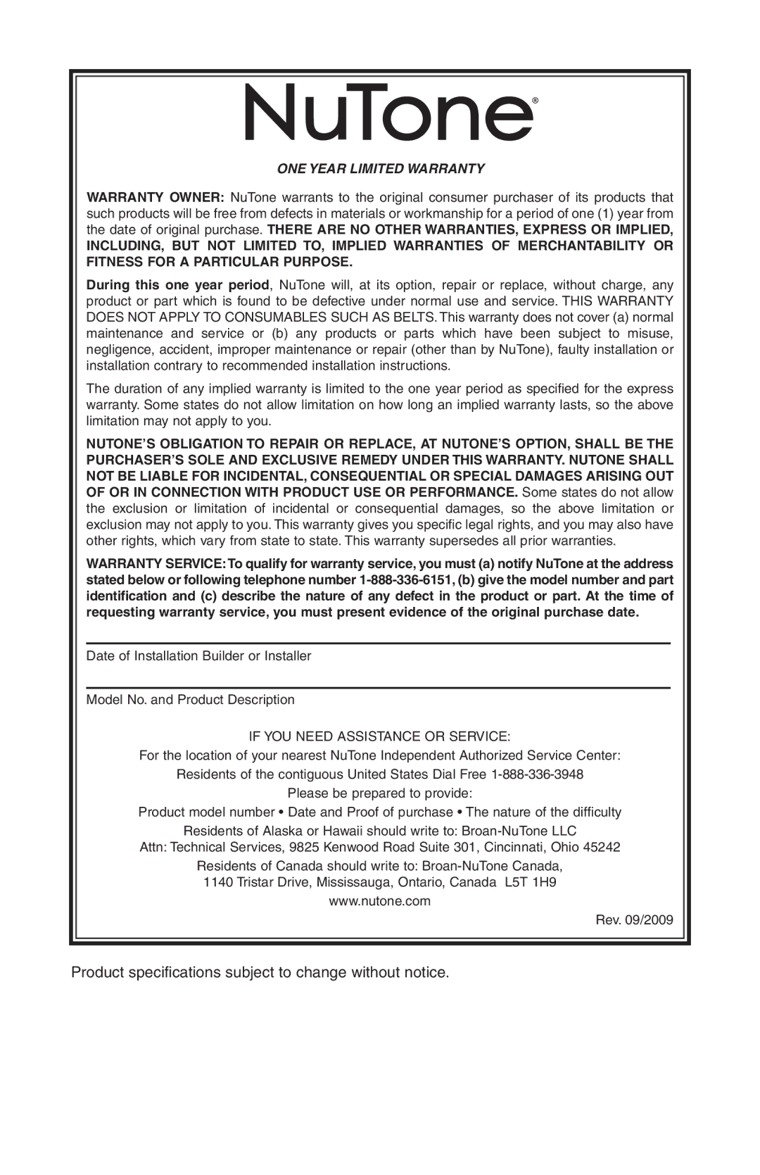 NuTone CT700, AB0008 manual Product specifications subject to change without notice 