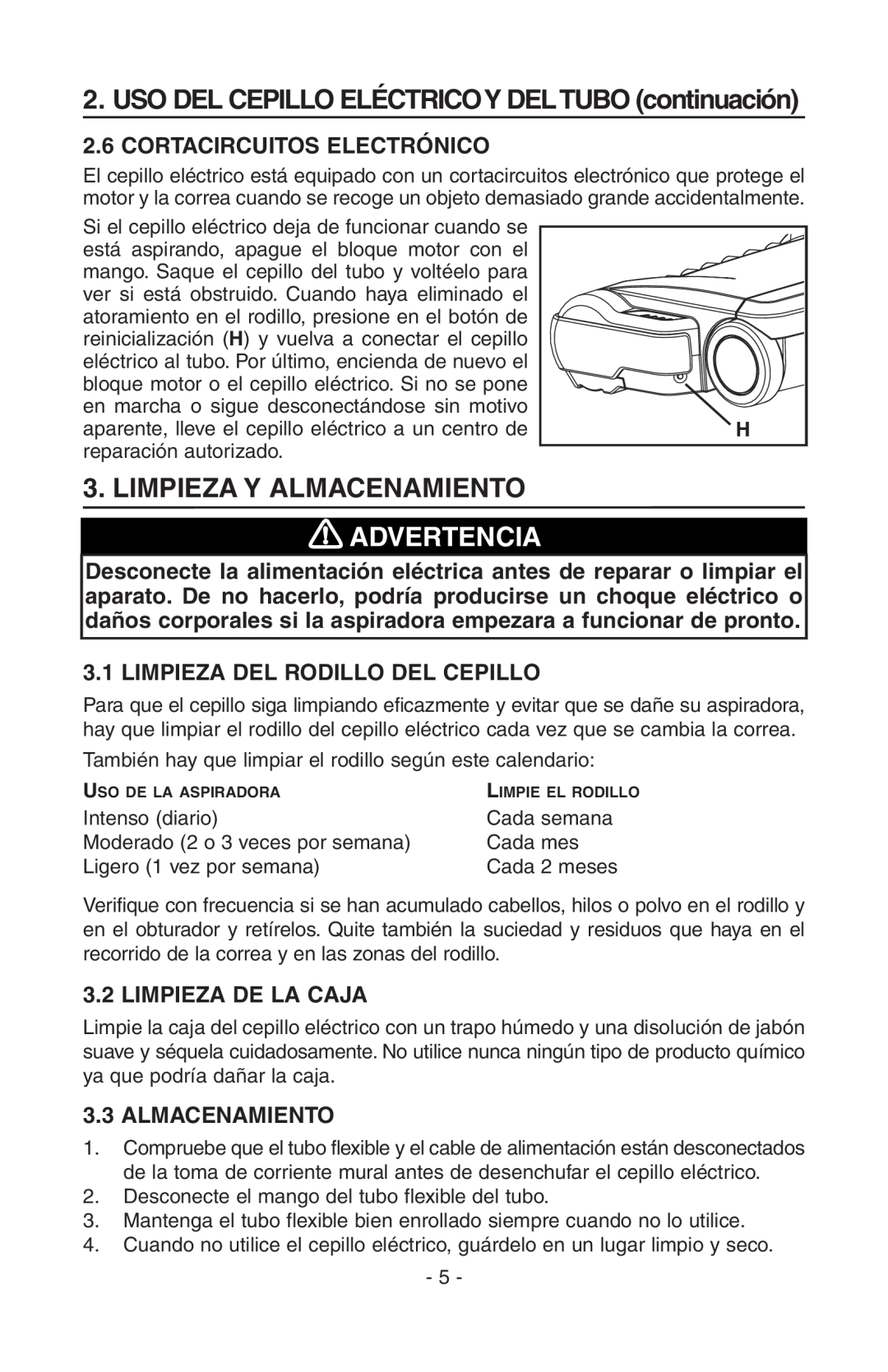 NuTone AB0008, CT700 Limpieza Y Almacenamiento, Advertencia, Cortacircuitos Electrónico, Limpieza Del Rodillo Del Cepillo 